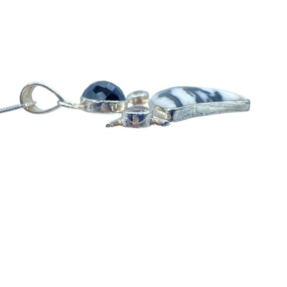 Sterling Silver 925 Zebra Jasper Quartz Pendant Necklace Signed SJ Modernist - Picture 6 of 11